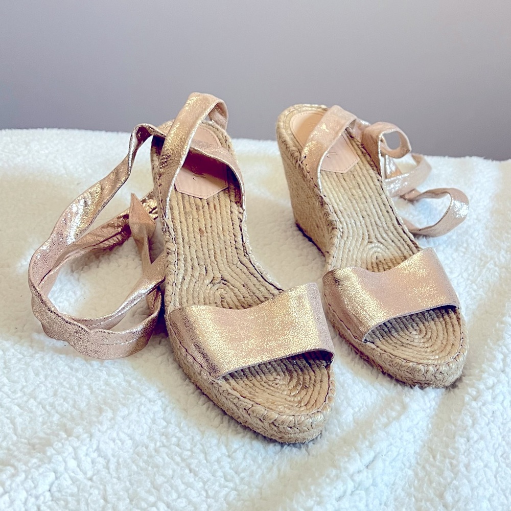 Loeffler Randall Harper Ankle-Wrap Metallic Wedge Espadrille Sandal, size 11